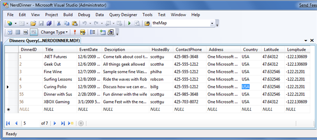 Screenshot of the Dinner data within Microsoft Visual Studio.