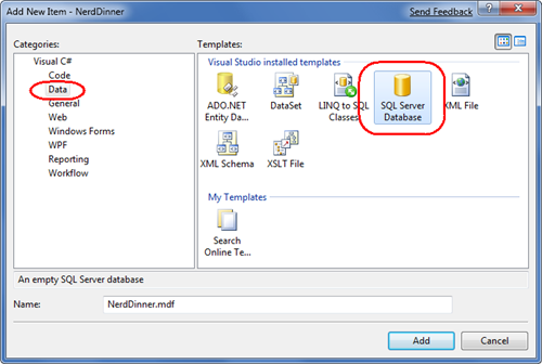 Screenshot of the Visual Studio Add New Item dialog. S Q L Server database is highlighted. Data is highlighted.