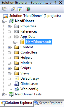 Screenshot of the Solution Explorer navigation tree. Nerd Dinner dot m d f is highlighted and selected.