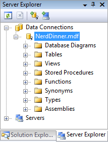 Screenshot of the Server Explorer navigation tree. Data connections is expanded and Nerd Dinner dot m d f is highlighted.