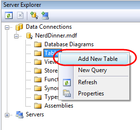Screenshot of the Server Explorer navigation tree. Tables is expanded and highlighted. Add New Table is highlighted.