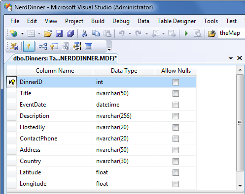 Screenshot of the Nerd Dinner dialog box. The schema of the table is shown.