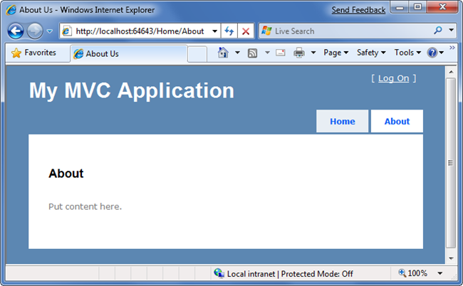 Screenshot of the My M V C Application About page.