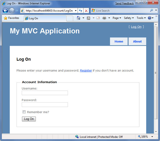Screenshot of the My M V C Application Log on page.