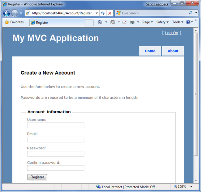 Screenshot of the My M V C Application page. Create a New Account is shown.
