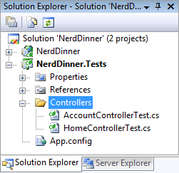 Screenshot of the Solution Explorer navigation tree. Controllers is selected and expanded.