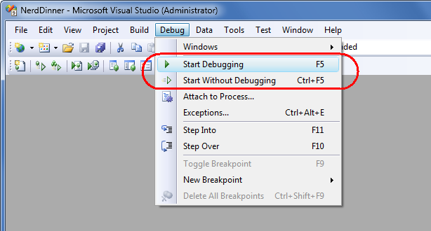 Screenshot of Microsoft Visual Studio. The Debug menu items are shown. Start debugging is highlighted.