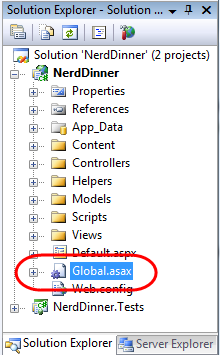 Screenshot of the Nerd Dinner navigation tree. Global dot a s a x is selected and highlighted.