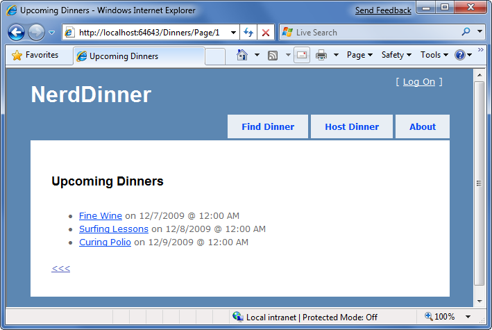 Screenshot of the Nerd Dinners page with Upcoming Dinners list.