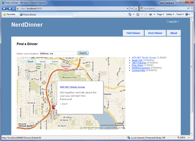 Screenshot of the Nerd Dinner A J A X based map page.