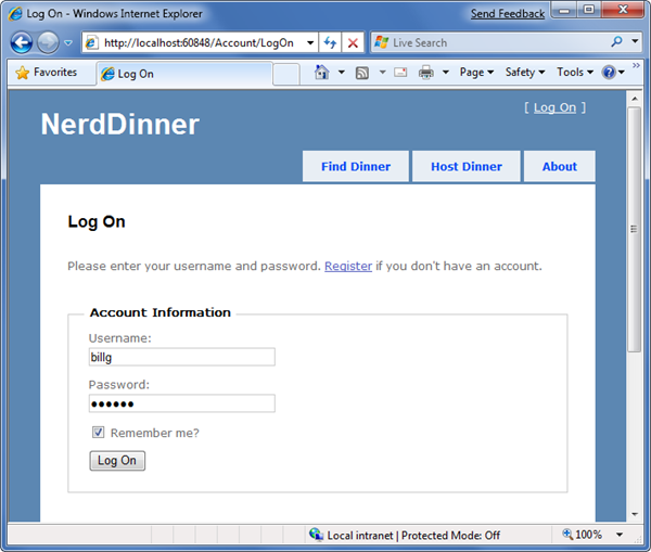 Screenshot of the Nerd Dinner Log On page.
