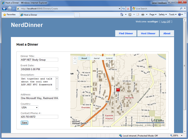 Screenshot of the Nerd Dinner application page. The Host a Dinner page is shown.