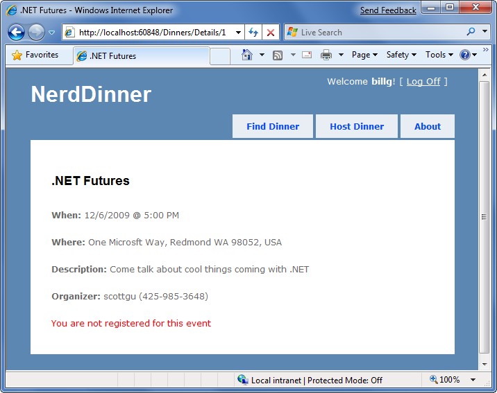 Screenshot of the Nerd Dinners details page. The message You Are Not Registered For this Event is shown.