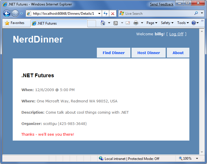 Screenshot of the Nerd Dinner details page with the message Thanks We Will See You There at the bottom.