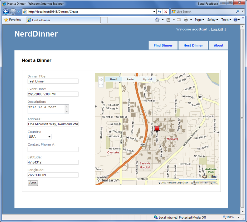 Screenshot of the Nerd Dinners page with a map displayed.