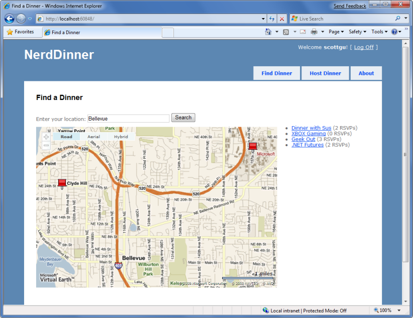 Screenshot of the home page of Nerd Dinners. A map is shown.