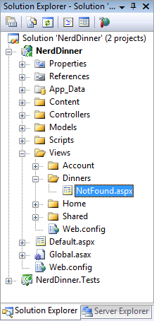 Screenshot of the Solution Explorer window folder hierarchy with the Not Found dot a s p x file highlighted in blue.