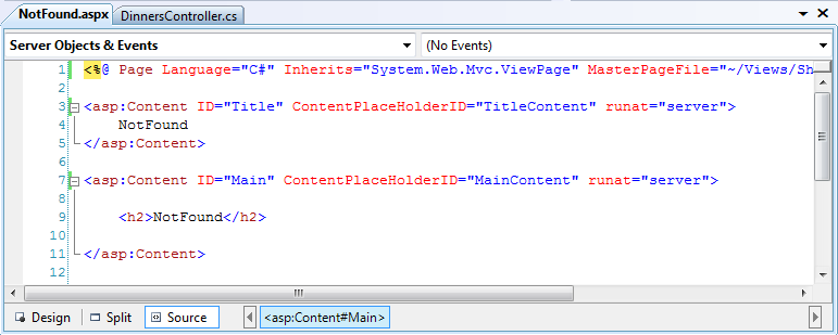 Screenshot of the code editor window with the Not Found dot a s p x file opened within the code editor.