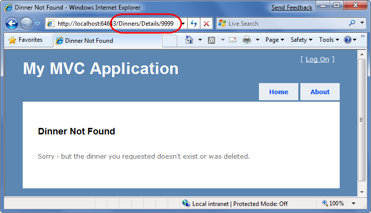 Screenshot of the My MVC Application window with the / Dinners / Details / 9999 U R L in the address box circled in red.