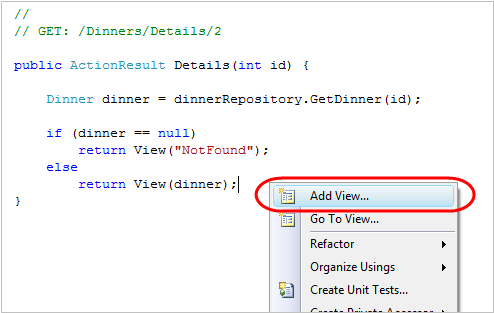 Screenshot of the code editor window showing the right click menu item Add View dot dot dot highlighted in red.