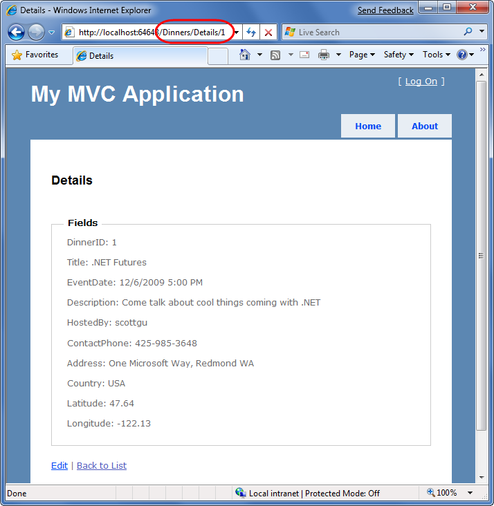 Screenshot of the application response window showing the / Dinners / Details / 1 U R L circled in red in the address box.
