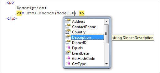 Screenshot of the code editor window showing a dropdown list with the item Description highlighted in blue.