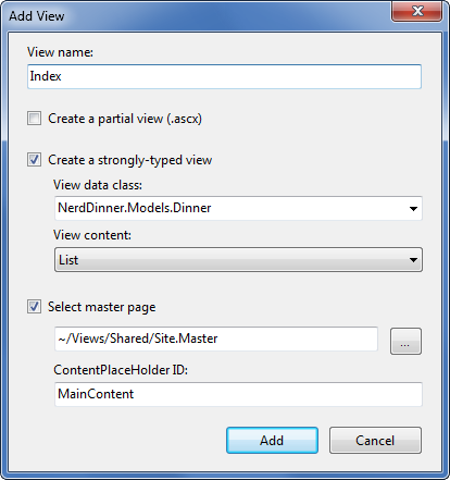 Screenshot of the Add View window with the View name set to Index, the Create a strongly-typed view box ticked, and the Select master page box ticked.