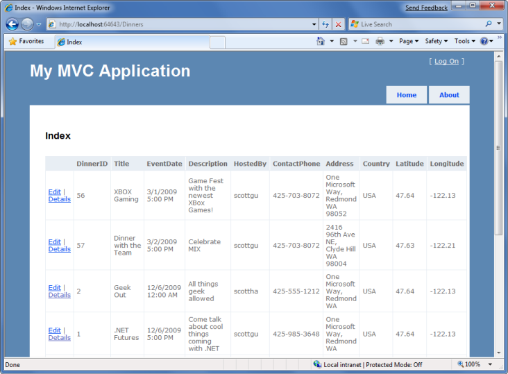 Screenshot of the application response window showing the list of dinners in a grid layout after the Add View update.
