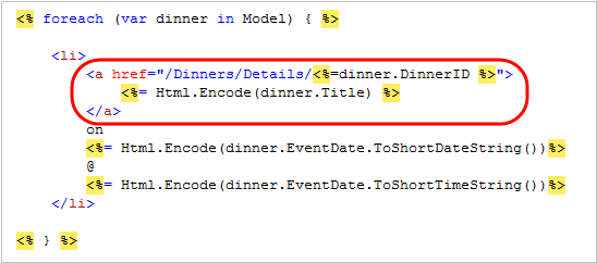 Screenshot of the code editor window with the a class and percent block text highlighted and circled in red.