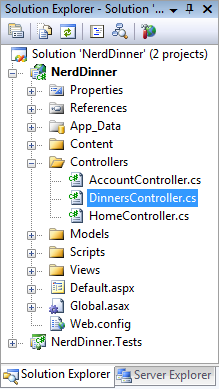 Screenshot of the Solution Explorer window showing the Dinner Controllers dot c s file highlighted in blue.