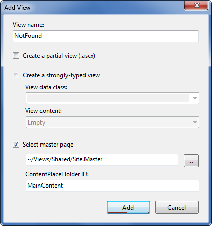 Screenshot of the Add View window with the View name field set to Not Found, the Select master page box checked, and the Content Place Holder I D set to Main Content.