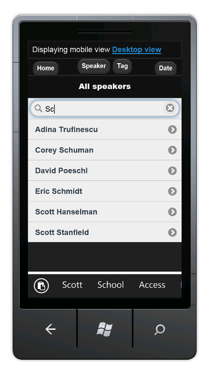 Screenshot that shows the All Speakers page in mobile view with the letters S c entered into the search.