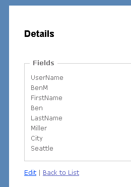 Screenshot shows the Details Fields with UserName, FirstName, LastName, and City for a user.