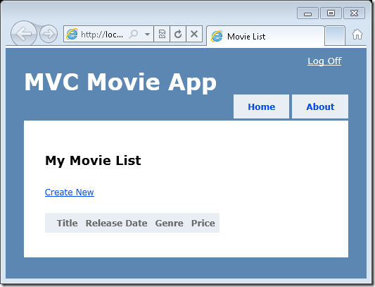 Screenshot that shows the M V C Movie App browser window on the My Movie List page.
