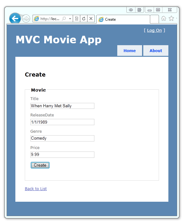 Screenshot that shows the M V C Movie App browser window on the Create page.