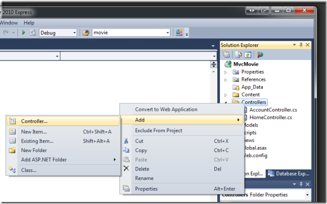 Screenshot that shows the Solution Explorer window. Add is selected in the Controller right click menu. Controller is selected in the sub menu.