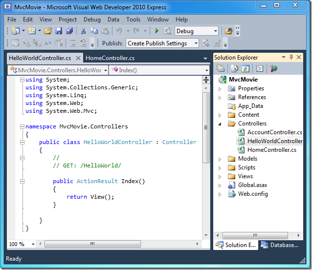 Screenshot that shows the Hello World Controller dot c s tab and Solution Explorer window. Hello World Controller dot c s is selected in the Controllers folder.