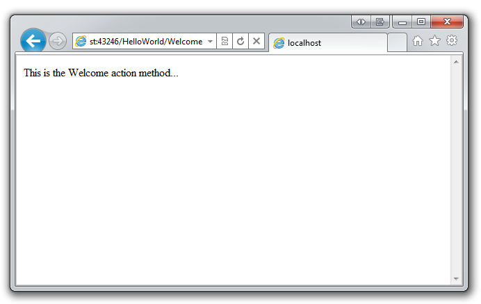Screenshot that shows the browser. This is the Welcome action method is the text in the window.