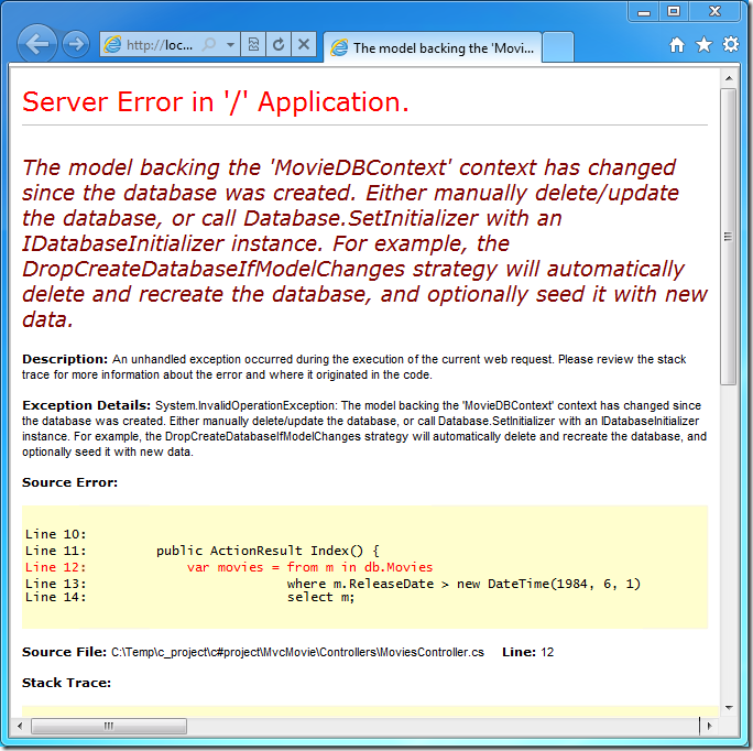 Screenshot that shows the browser window with an error that states Server Error in Application.
