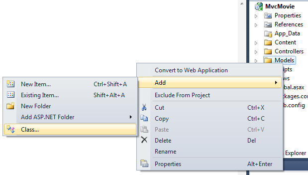 Screenshot that shows the Solution Explorer window. Add is selected in the Models right click menu. Class is selected in the sub menu.