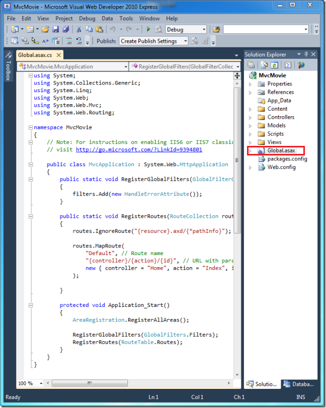 Screenshot that shows the Global dot asax dot c s tab. Global dot asax is circled in red in the Solution Explorer window.