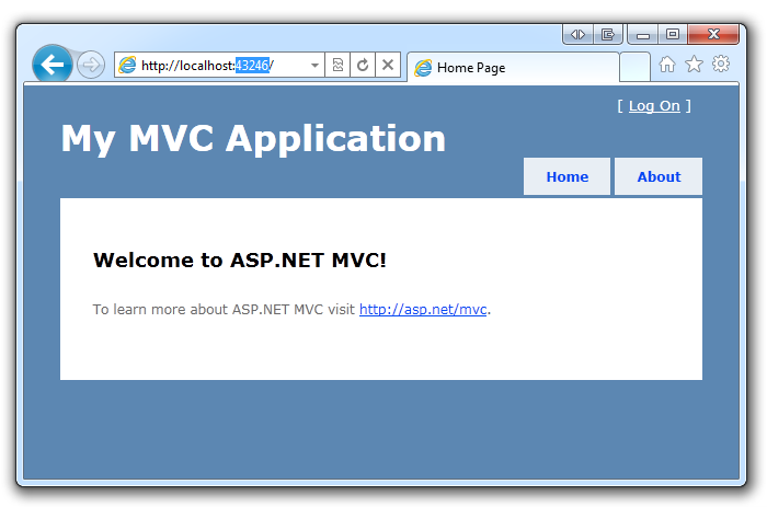 Screenshot of Visual Web Developer launching a browser and opening the applications home page.