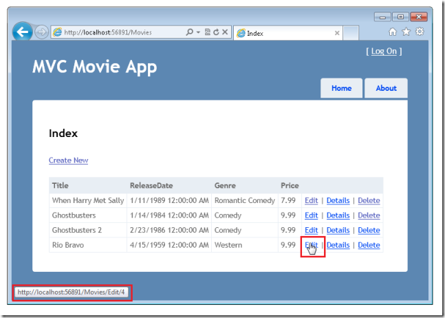 Screenshot shows the MVC Move App with the Edit link for one of the movies selected.