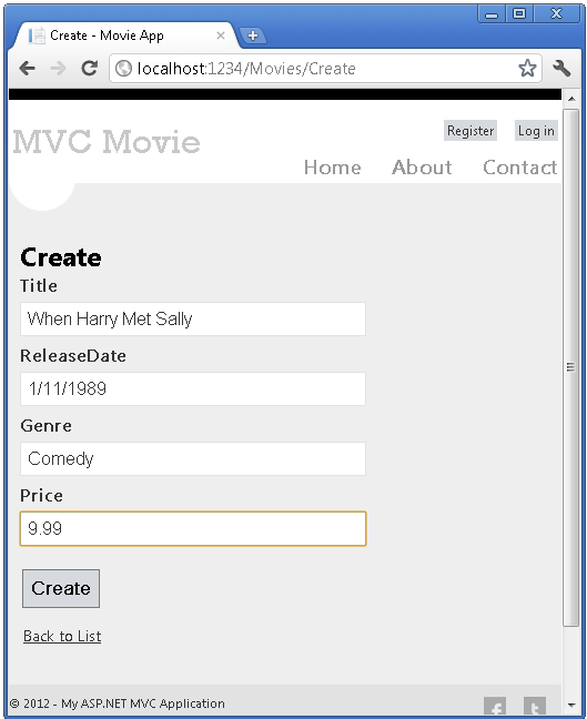 Screenshot that shows the M V C Movie Create page.