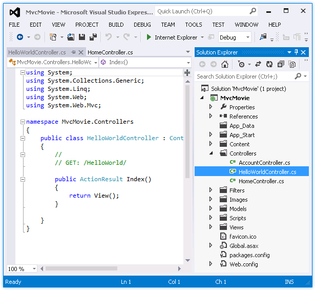 Screenshot that shows the Hello World Controller dot c s tab. Hello World Controller dot c s is selected in the Controllers folder in the Solution Explorer window.