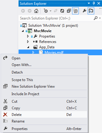 Screenshot that shows the Solution Explorer window. Delete is selected in the Movies dot m d f right click menu.