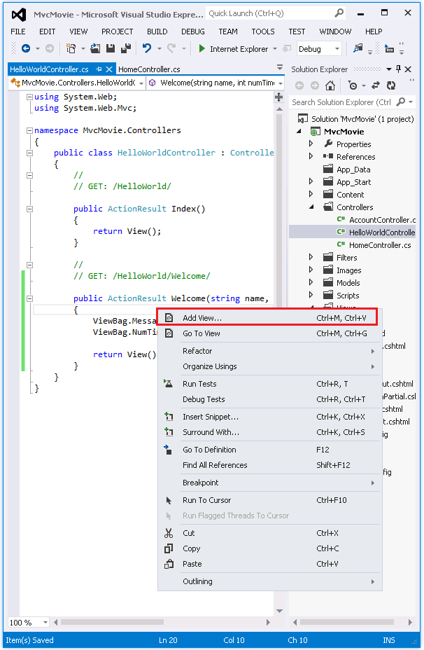 Screenshot that shows the Hello World Controller dot c s tab. In the Solution Explorer window, Add View is selected in the Hello World Controller dot c s right click menu.