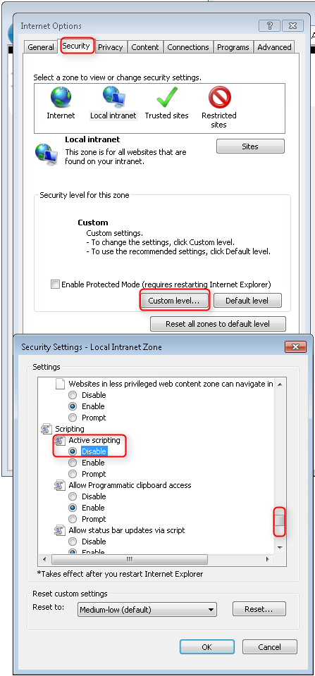 Screenshot that shows the Internet Options window open to the security tab. Custom level is circled in red. In the Security Settings window, Active scripting is set to disable. The scroll bar is circled in red.