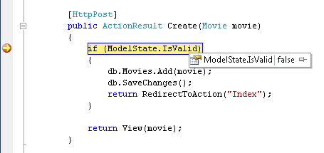Screenshot that shows the H t t p post. If Model State dot Is Valid is highlighted.