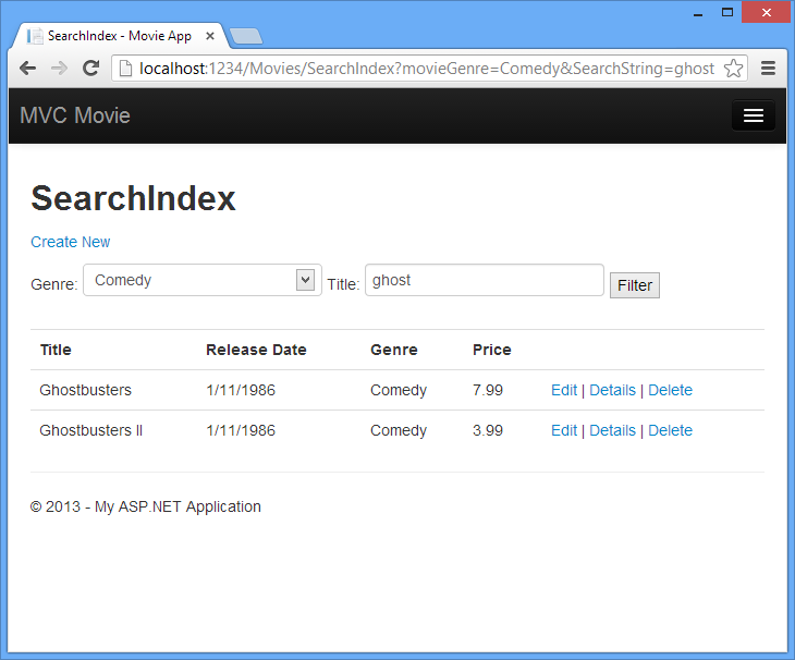 Screenshot that shows the M V C Movie Search Index page.